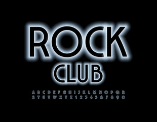 Vector modern banner Rock Club. Trendy glowing Font. White Neon Alphabet Letters and Numbers set