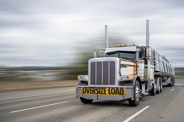 Powerful classic dark big rig semi truck with oversize load sign on the front transporting lumber on the flat bed semi trailer running on the wide highway road © vit