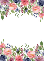 Watercolor flowers, floral frame border for greeting card, invitation and other printing design. Isolated on white. Hand drawing.