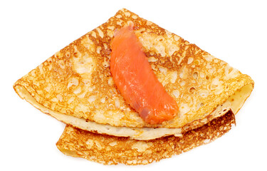 Pancake with red fish fillet on a white