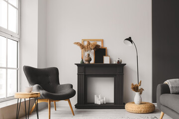 Interior of stylish living room with fireplace