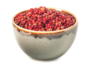 Bowl with red peppercorns on white background
