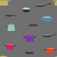 Kitchenware and cooking utensils colorful seamless pattern. Flat and solid color vector illustration.