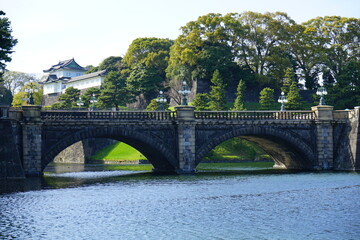 Fototapeta na wymiar Tokyo, Japan - March 2021: Nijubashi Bridge (Dobule Bridge) at Imperial palace - 二重橋 皇居 東京