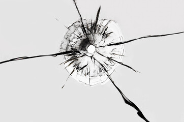 Hole in the glass on a white background. Texture of broken glass cracks, abstraction for design