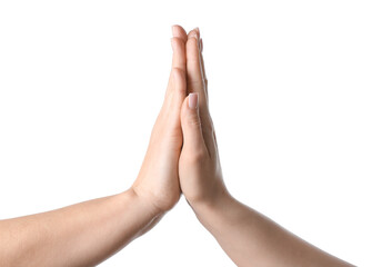 Female hands on white background. Friendship Day celebration