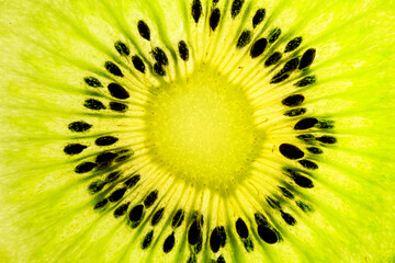 close-up of a cut piece of kiwi seeds in a circle and the structure of the fruit,