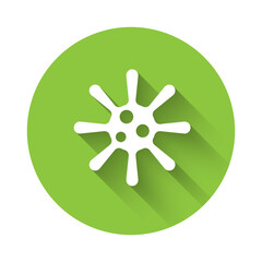 White Bacteria icon isolated with long shadow. Bacteria and germs, microorganism disease causing, cell cancer, microbe, virus, fungi. Green circle button. Vector