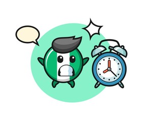 Cartoon Illustration of nigeria flag badge is surprised with a giant alarm clock
