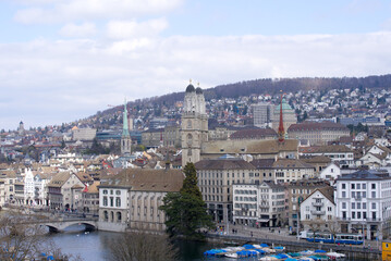 Church great minster (German Grossmünster) at the old town of Zurich. Photo taken April 3rd, 2021, Zurich, Switzerland.