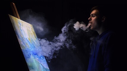 Artist copyist paint seascape with ship in ocean. Vaper smoke vape e-cigarette. Craftsman decorator...