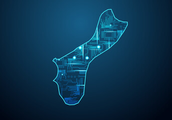 Abstract futuristic map of guam.Circuit Board Design Electric of the region. Technology background. mash line and point scales on dark with map.