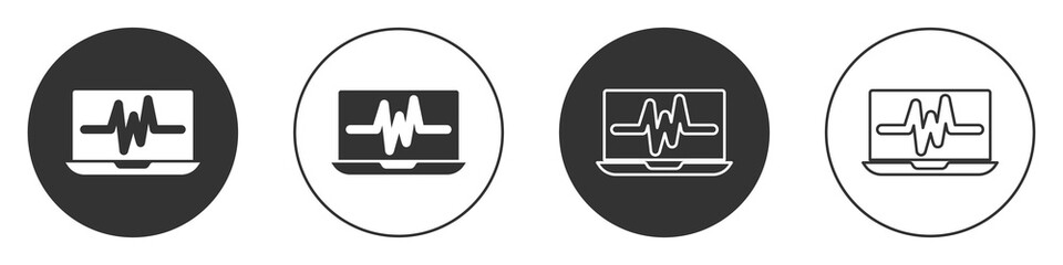 Black Laptop with cardiogram icon isolated on white background. Monitoring icon. ECG monitor with heart beat hand drawn. Circle button. Vector