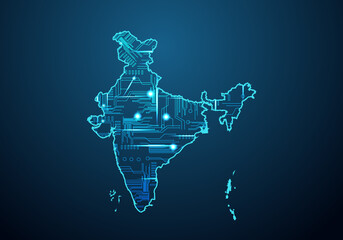 Abstract futuristic map of india. Circuit Board Design Electric of the region. Technology background. mash line and point scales on dark with map.