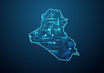 Abstract futuristic map of iraq. Circuit Board Design Electric of the region. Technology background. mash line and point scales on dark with map.