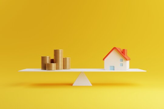 House and coin on balancing scale on yellow background. Real estate business mortgage investment and financial loan concept. Money saving and cashflow theme. 3D illustration rendering graphic design