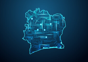 Abstract futuristic map of ivory Coast. Circuit Board Design Electric of the region. Technology background. mash line and point scales on dark with map.
