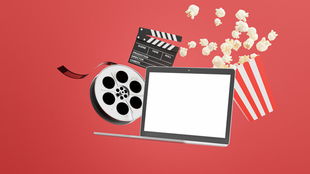3d render of laptop with online cinema time,with copy space