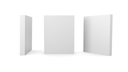 Set of blank white product packaging boxes isolated. Three rectangular templates in different positions for design or branding. 3d illustration.