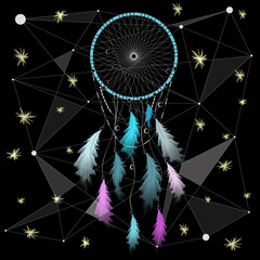 Dreamcatcher with beautiful feathers on a dark background. Magic symbols