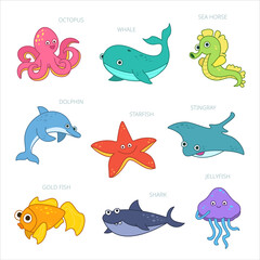 Sea characters design collection. Cartoon animals set. Jellyfish, shark, octopus, starfish, dolphin, gold fish, whale, sea horse, stingray.