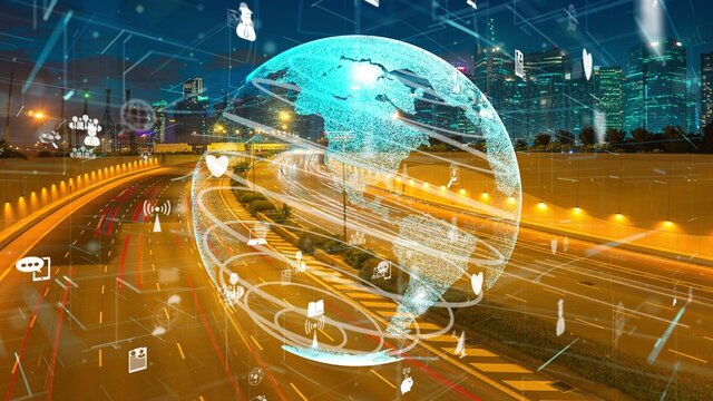 Global Connection And The Internet Network Modernization In Smart City . Concept Of Future 5G Wireless Digital Connecting And Social Media Networking .