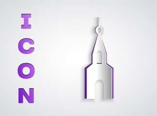 Paper cut Church building icon isolated on grey background. Christian Church. Religion of church. Paper art style. Vector