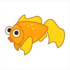 Funny gold-fish character in cartoon style. Flat kid graphic. Isolated vector illustration.