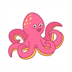 Funny octopus character in cartoon style. Flat kid graphic. Isolated vector illustration.