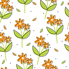 Seamless pattern with cute cartoon flowers and leaves for fabric print, textile, gift wrapping paper. colorful vector for kids, flat style