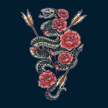 The poisonous snake was cut into pieces from the bow between the flowers artwork vector
