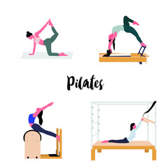 A set of pilates - women doing pilates with equipment - obrazy, fototapety, plakaty