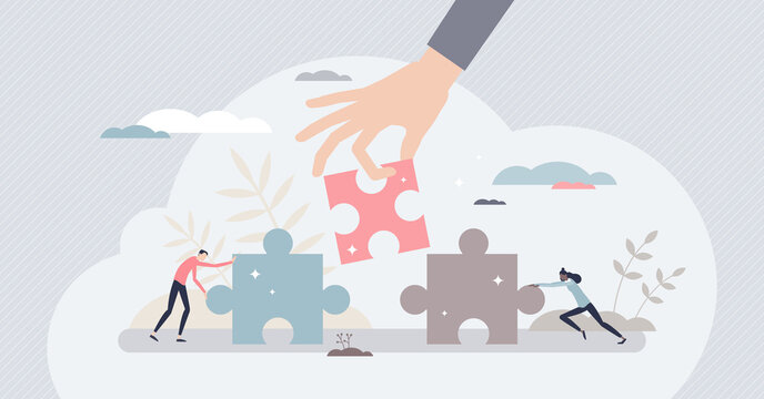 Find solution as fitting together jigsaw puzzle pieces tiny person concept. Collaboration, teamwork and work support for problem solving vector illustration. Business matching with assistance and help