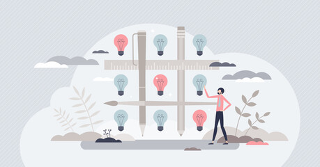 Smart idea and thinking with creative business approach tiny person concept. Wise mind power and new innovative successful achievement finding as tic tac toe game with light bulbs vector illustration.