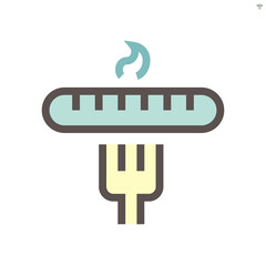 Sausage and fork vector icon. May called hot dog, hotdog. Food or snack product made from meat, pork or beef. To cook by fried, grill on barbecue (BBQ) for eat in breakfast, lunch or dinner. 48x48 px.