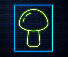 Glowing neon line Mushroom icon isolated on brick wall background. Vector