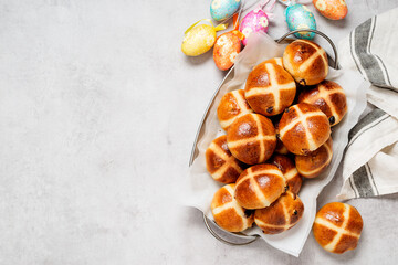 Traditional english cuisine, fresh hot cross buns for easter breakfast. top view. space for text - 425209185