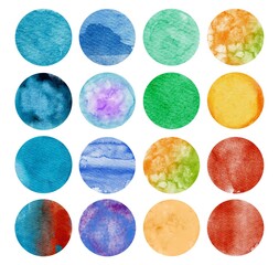 Hand drawing abstract watercolor shapes set. Watercolour drops isolated on white.  Illustration for artistic design, poster, card. Round spots, drops of different colors.