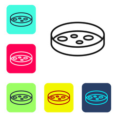 Black line Petri dish with bacteria icon isolated on white background. Set icons in color square buttons. Vector