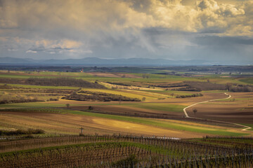 The cloudy view of the Austrian country from the hills. Vineyards, fields, hills, roads.