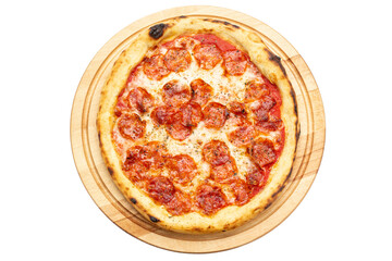 Delicious pepperoni pizza, served on a wooden plate isolated on a white background. Concept for advertising flyer and poster for restaurants or pizzerias.