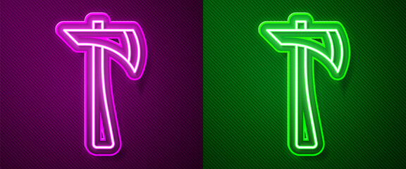 Glowing neon line Firefighter axe icon isolated on purple and green background. Fire axe. Vector