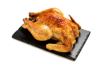 Whole roasted chicken isolated on white background