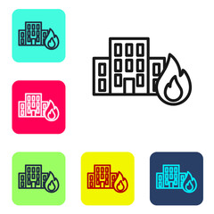 Fototapeta na wymiar Black line Fire in burning buildings on city street icon isolated on white background. Destroyed city on fire. Set icons in color square buttons. Vector
