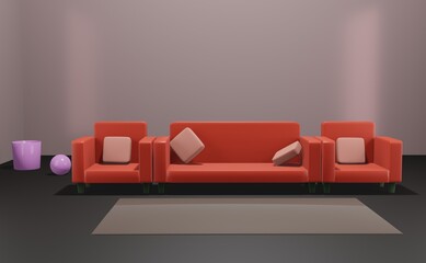 3D render. Relaxing room corner with modern red sofa on a beautiful background.