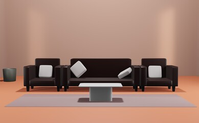 3d render. Relaxing room corner with modern brown sofa on a beautiful background.