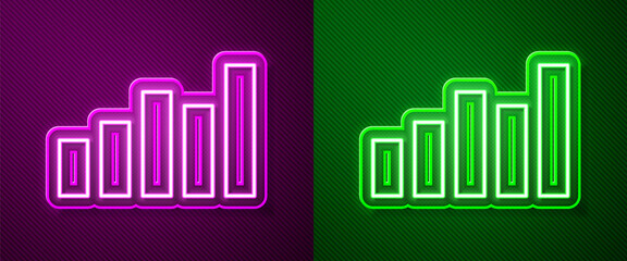 Glowing neon line Graph, schedule, chart, diagram, infographic, pie graph icon isolated on purple and green background. Vector