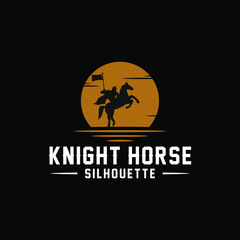 Horseback Knight Silhouette, Horse Warrior logo design with sunset/sunrise