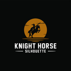 Horseback Knight Silhouette, Horse Warrior logo design with sunset/sunrise
