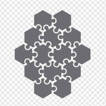 Simple icon hexagon puzzle in gray. Simple icon puzzle of the fourteen elements  on transparent background for your web site design, logo, app, UI. EPS10.